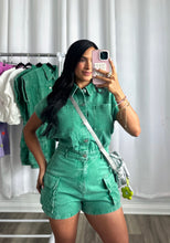 Load image into Gallery viewer, GREEN DENIM ROMPER
