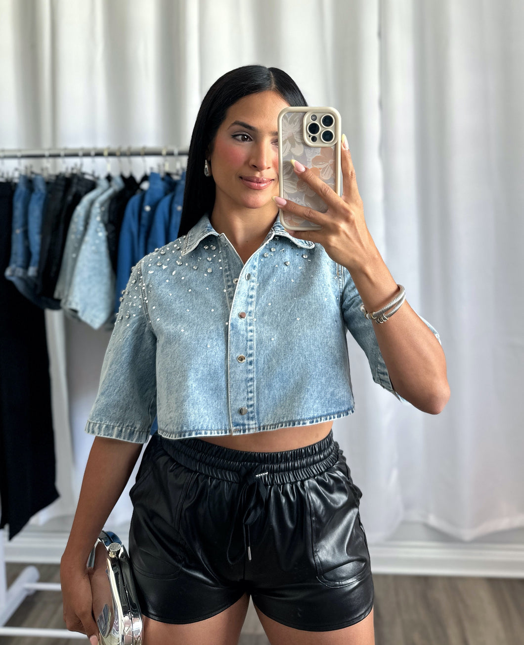 RHINESTONES DENIM TOP