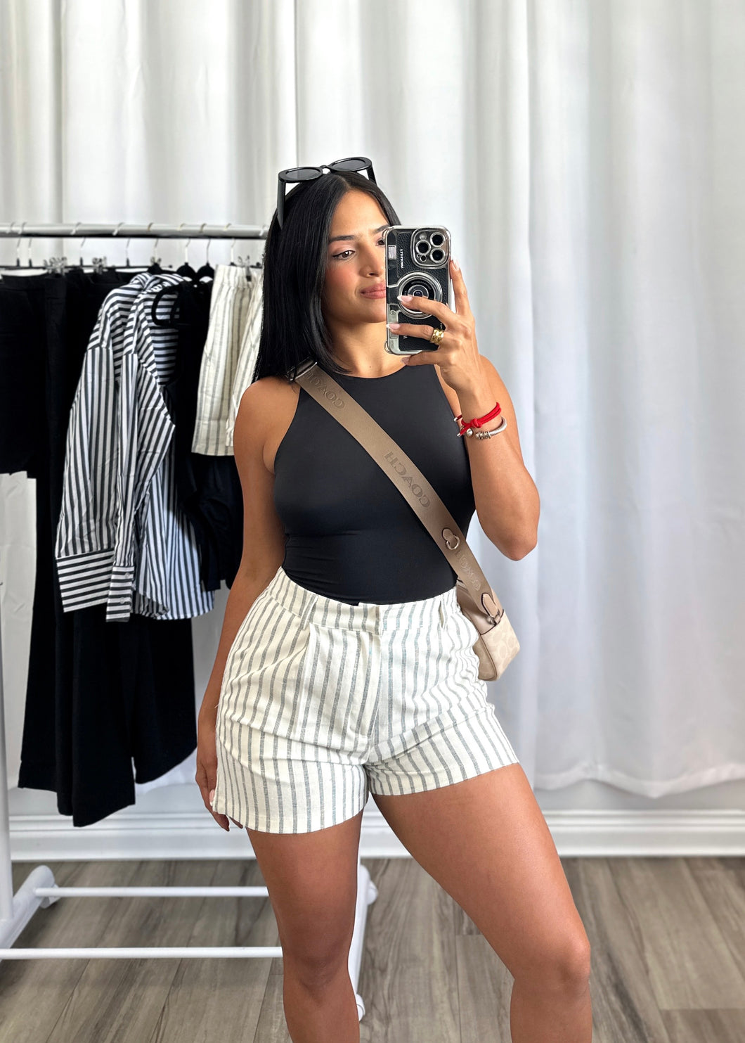 BEIGE STRIPED LINEN SHORTS
