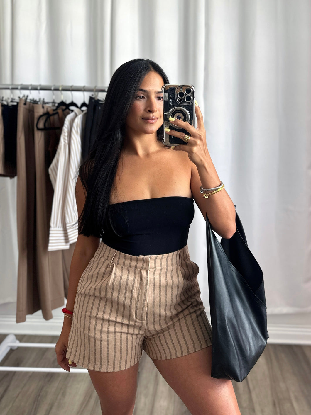 TAN STRIPED LINEN SHORTS