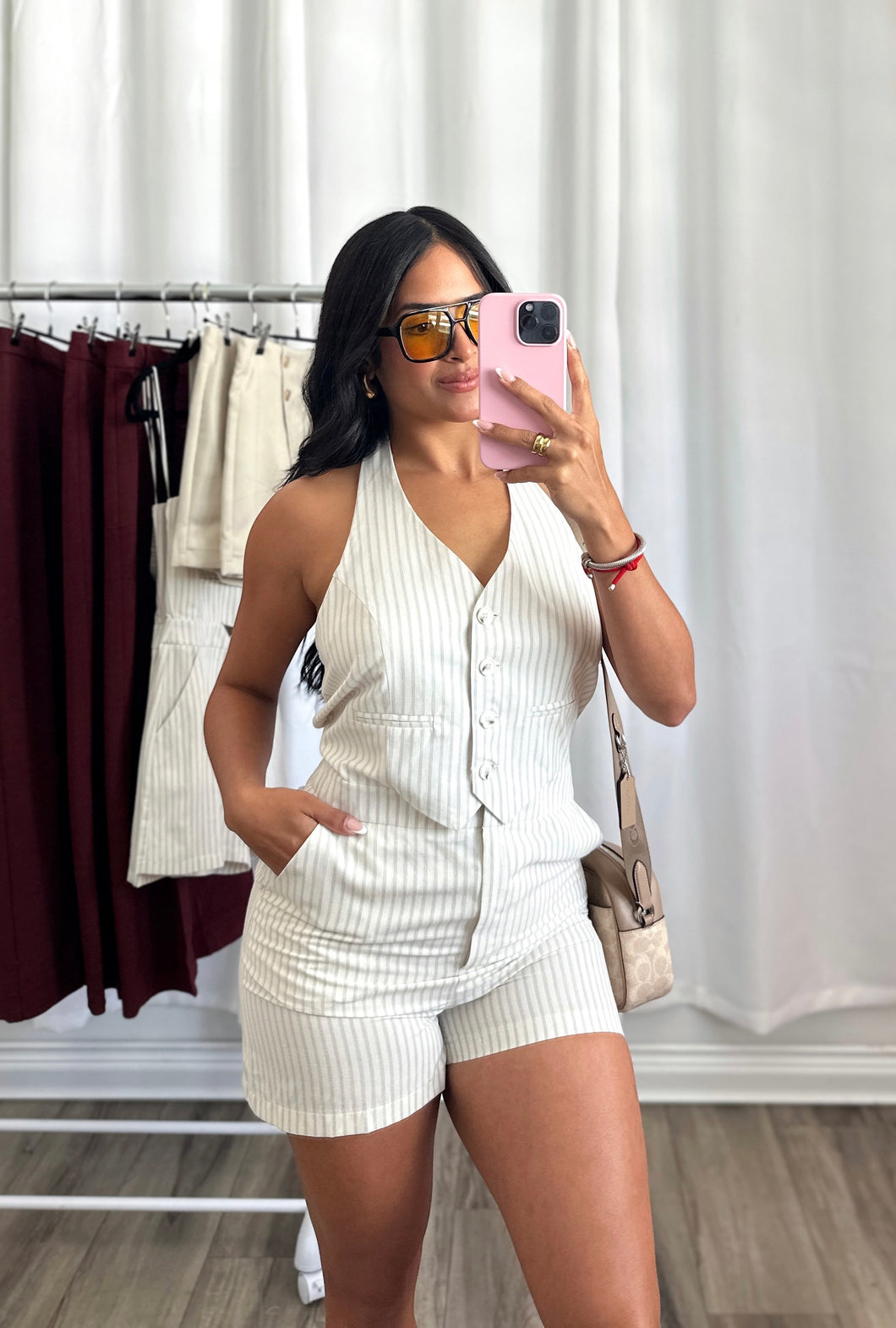 STRIPED LINEN VEST ROMPER